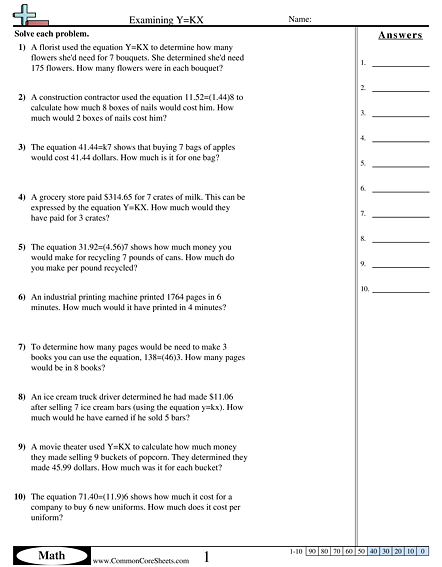 7.rp.2b Worksheets - Examining Y=KX worksheet